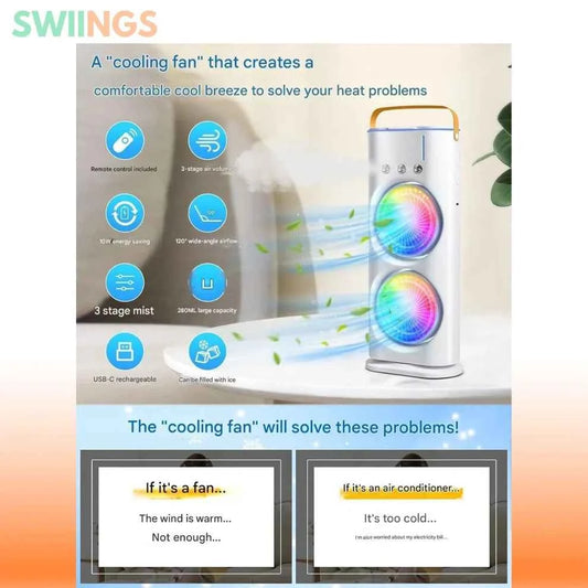 USB Rechargeable Dual-Fan Air Cooler with Mist Spray & LED Lights – Portable Cooling Solution