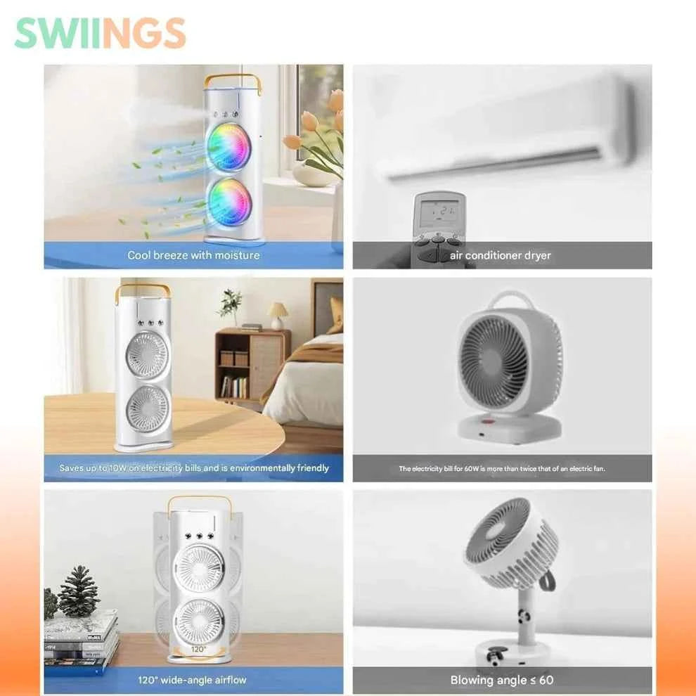 USB Rechargeable Dual-Fan Air Cooler with Mist Spray & LED Lights – Portable Cooling Solution