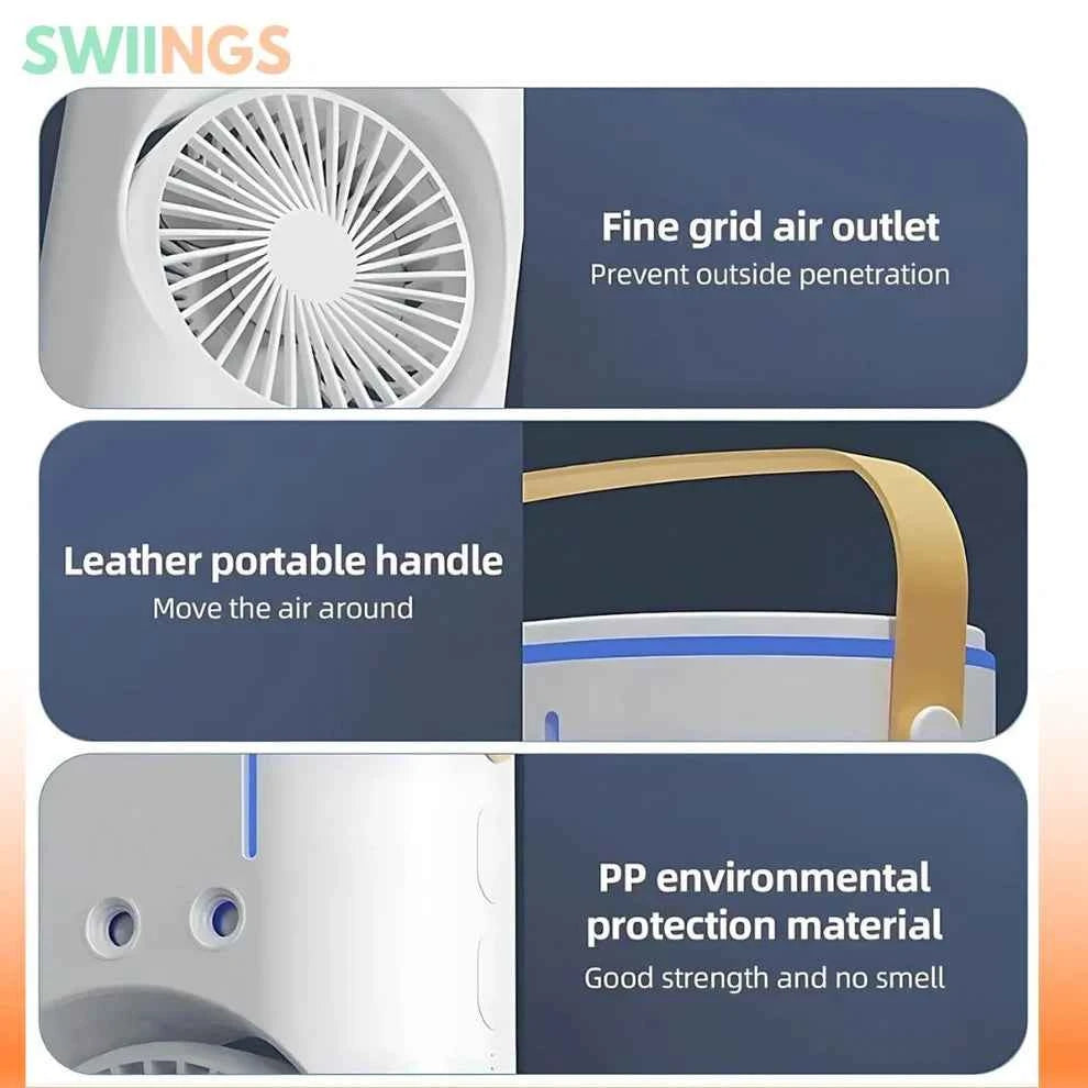 USB Rechargeable Dual-Fan Air Cooler with Mist Spray & LED Lights – Portable Cooling Solution