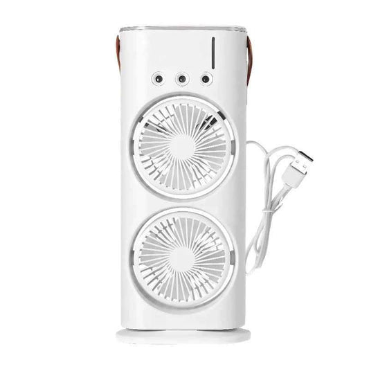 USB Rechargeable Dual-Fan Air Cooler with Mist Spray & LED Lights – Portable Cooling Solution