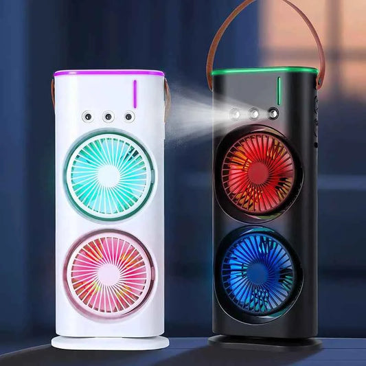 Dual-Fan Portable Air Cooler with LED Light & Mist Spray – USB Rechargeable (Black & White)