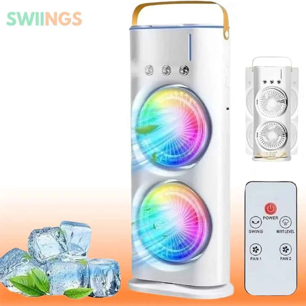 USB Rechargeable Dual-Fan Air Cooler with Mist Spray & LED Lights – Portable Cooling Solution