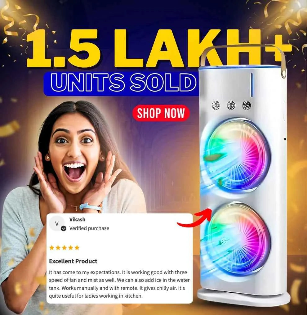 USB Rechargeable Dual-Fan Air Cooler with Mist Spray & LED Lights – Portable Cooling Solution