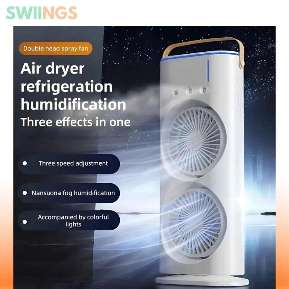 USB Rechargeable Dual-Fan Air Cooler with Mist Spray & LED Lights – Portable Cooling Solution