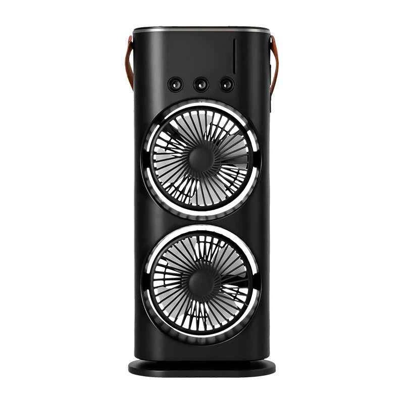 Black Edition Dual-Fan Air Cooler with Mist Spray & LED Lights – USB Rechargeable