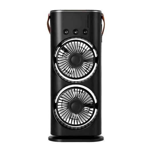 Black Edition Dual-Fan Air Cooler with Mist Spray & LED Lights – USB Rechargeable